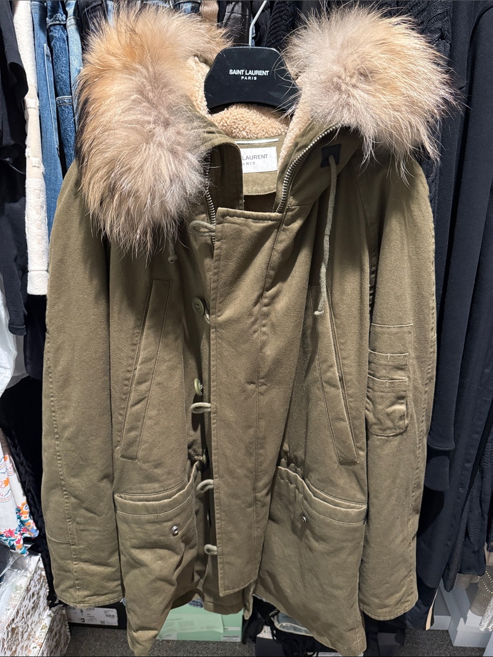 Saint Laurent Olive Green Puffer Parka with Fur-Trim Hood
